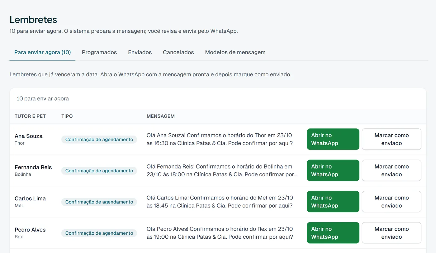 Tela de lembretes do NuviPet com mensagens prontas e o botão Abrir no WhatsApp